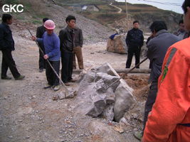 La grotte de Shihuiyaodong 石灰窑洞 s'ouvre par un étroit orifﬁce au milieu d'une carrière située en bord de route peu avant le village de Shihuiyao. L'entrée bouchée pour raison de sécurité (car elle débouche directement sur un puits en cloche de plus de 30 m). Donc chaque campagne d'exploration donne lieu à un gros travail de réouverture de la cavité (Banzhu, Zheng'an, Guizhou)