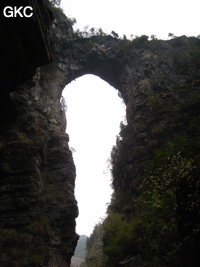 Le pont-naturel de Longqiaoge 龙桥阁 relique de l'ancienne galerie d'entrée de la grotte de Longqiaogedong (Grotte de la pagode de l'arche du dragon) 龙桥阁洞,  réseau de Longnudong 龙女洞. (Shipin, Zheng'an 正安, Zunyi Shi 遵义市, Guizhou 贵州省, Chine 中国)