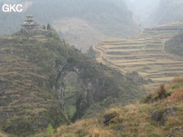 Le site de la pagode de l'arche du dragon au pied de laquelle s'ouvre Longqiaogedong (Grotte de la pagode de l'arche du dragon) 龙桥阁洞 une entrée du réseau de Longnudong 龙女洞. (Shipin, Zheng'an 正安, Zunyi Shi 遵义市, Guizhou 贵州省, Chine 中国)