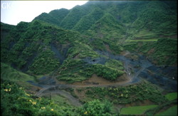 De toutes nouvelles mine de charbon dans les terrains permiens, ce sont des micro-exploitations privées. Leur multiplication entraine de sérieux problème de pollution des eaux...  (entre la ville de Zhijin et le village de Santang. Bijie/Guizhou)