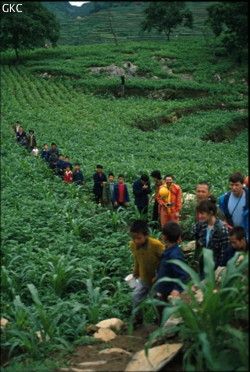 La marche d'approche pour se rendre à Maomaodong une des entrées amont du réseau de Santang, au fur et à mesure de notre marche la colonne s'allonge... (Santang-Zhijin-Bijie-Guizhou)