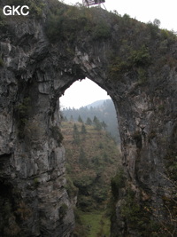 Le pont naturel de l'arche du dragon au pied de laquelle s'ouvre Longqiaogedong (Grotte de la pagode de l'arche du dragon) 龙桥阁洞 une entrée du réseau de Longnudong 龙女洞. (Shipin, Zheng'an 正安, Zunyi Shi 遵义市, Guizhou 贵州省, Chine 中国)