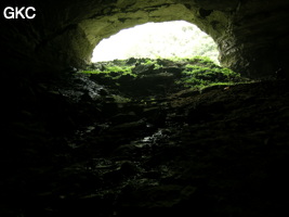 A contre-jour le porche d'entrée de la Grotte de Shanwangdong 山王洞 - réseau de Shuanghedongqun 双河洞 - (Suiyang 绥阳, Zunyi Shi 遵义市, Guizhou 贵州省, Chine 中国)