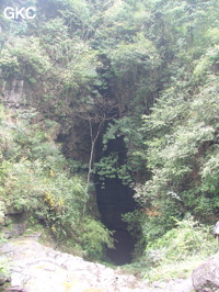 L'entrée de Laoyingdong 老鹰洞 est un puits-perte typique de montagne qui se trouve au bout d'une courte vallée aveugle dans le lit du torrent (Suiyang 绥阳, Zunyi 遵义市, Guizhou 贵州省, Chine 中国).
