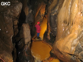 La rivière rouillée dans la Grotte de Caigangdong 菜缸洞 (Fuyan 桴焉, Zheng'an 正安, Zunyi Shi 遵义市, Guizhou 贵州省,  Chine 中国).