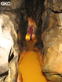 La rivière rouillée dans la Grotte de Caigangdong 菜缸洞 (Fuyan 桴焉, Zheng'an 正安, Zunyi Shi 遵义市, Guizhou 贵州省,  Chine 中国).