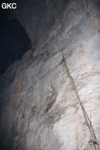 Restes d'équipements fixes en bambou des cueilleurs de nids d'hirondelles. Grotte résurgence de Yanzidong 燕子洞 (Xiantang 羡塘镇, Huishui 惠水, Guizhou 贵州省, Qiannan 黔南, Chine 中国).