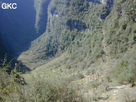 Descente dans la grande doline en coque de bateau de Longtanzi 龙潭子. A droite le chemin qui mene au redoutable sentier de la voie Bambouta... (Wenquan, Suiyang, Zunyi, Guizhou)