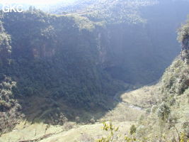 La grande doline en coque de bateau de Longtanzi 龙潭子 sert de perte à deux canyons de raccordement. A sa base elle a recoupé la rivière souterraine matérialisant ainsi les entrées amont et aval (à gauche sur la photo) de Longtanzi. (Wenquan, Suiyang, Zunyi, Guizhou)